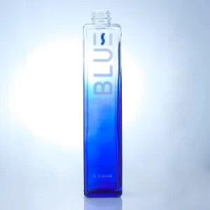transparent blue color spray square bottle with short neck screw finish